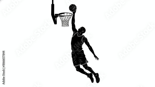 Black Silhouette of a Professional Basketball Player Performing a Slam Dunk with Hoop for Sports Branding and Athletic Apparel Design