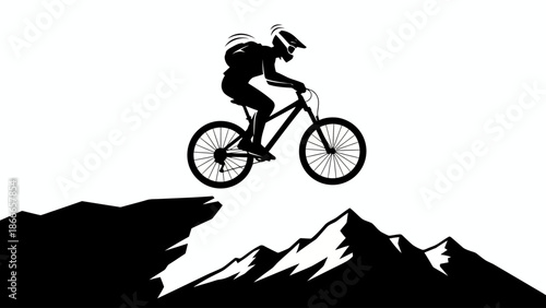 Extreme Mountain Biker Silhouette Jumping Over Rocky Cliff with Mountain Range Background