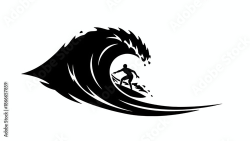 Dynamic Surfer Silhouette Riding a Barrel Wave for Summer Surf and Extreme Sports Concept