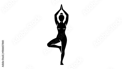 Black Silhouette of a Woman in Yoga Tree Pose Vrikshasana for Wellness and Meditation Branding Design