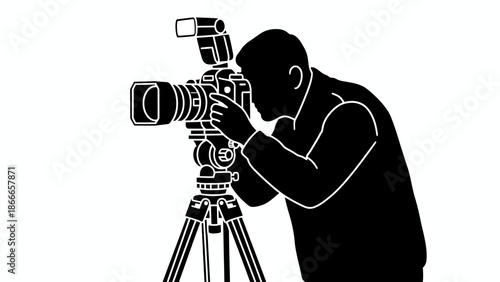 Professional Photographer Silhouette with DSLR Camera on Tripod and External Flash