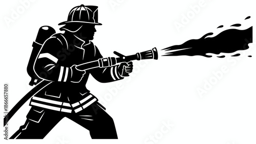Professional Firefighter Silhouette Spraying Water Hose with Full Protective Gear and Helmet