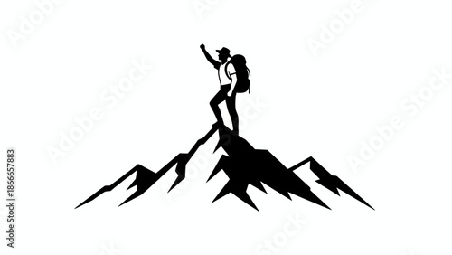 Mountain Climber Silhouette Standing on Summit Peak for Success and Achievement Concept