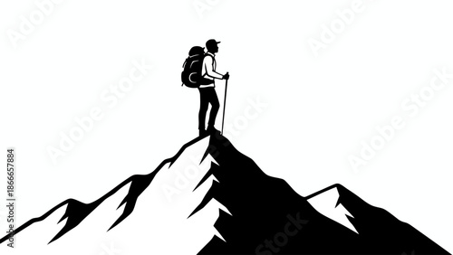 Hiker Silhouette Standing on Mountain Peak with Backpack and Trekking Pole for Outdoor Adventure Concept