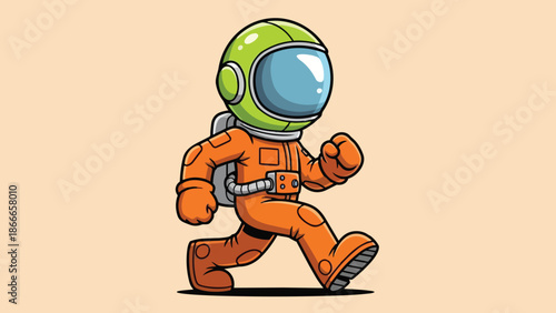 Cartoon Astronaut Running with Green Helmet and Orange Suit.