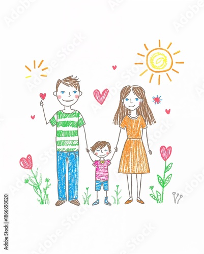 Happy family of three standing together with flowers and hearts