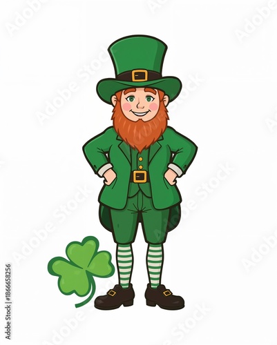 Cheerful cartoon leprechaun with green hat and beard isolated on white background