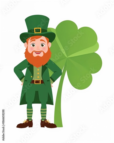 Cheerful cartoon leprechaun with shamrock on white background isolated