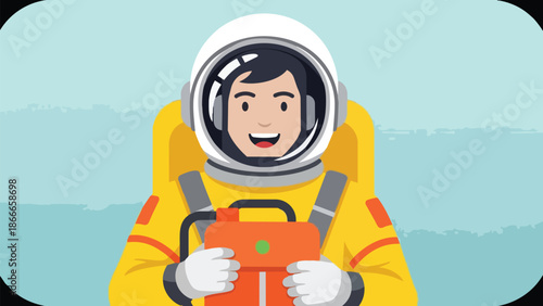 Astronaut in Yellow Suit Holding Orange Box in Space.