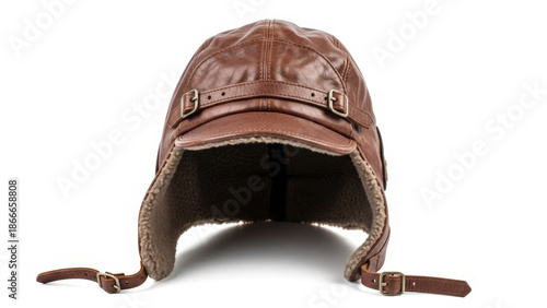 Vintage brown leather aviator hat with buckles isolated on white background