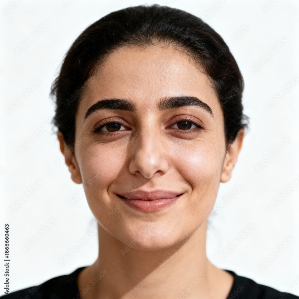 Fototapeta premium Close-up portrait of a woman with brown hair smiling with an expression of kindness and warmth.