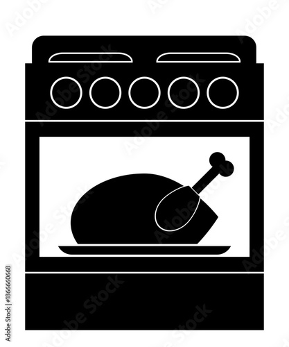 Ilustración de horno cocinando pollo. Vector en blanco y negro con estilo minimalista. Icono de Cocina.