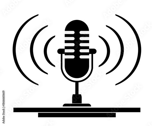 Ilustración vectorial de micrófono. Icono de comunicación en blanco y negro con estilo minimalista.