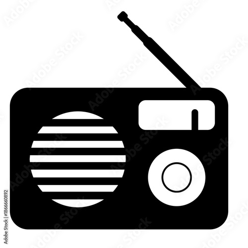 Ilustración vectorial de radio. Icono retro de comunicación en blanco y negro con estilo minimalista.