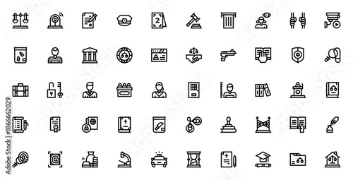Law and justice icon set. Vector illustration. Includes symbols for judge, lawyer, police, evidence, court, law, prison, investigation and more.