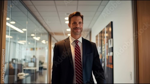 Businessman Walking Down Office Corridor.