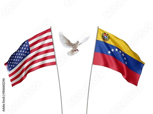 American and Venezuelan flags with dove in between symbolizing peace