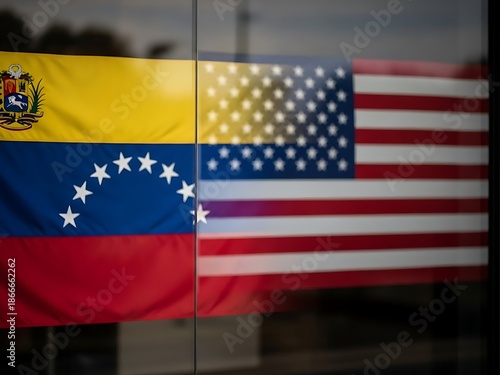 Venezuelan and American flags side by side on glass surface