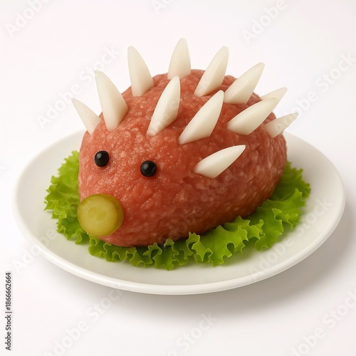 Creative Mettigel Hedgehog-Shaped Raw Meat Dish with Cheese Spines on Lettuce Plate  