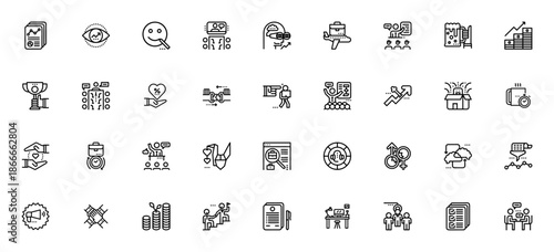 Business and Commerce icon set. Minimal vector line icons pack. Includes symbols for analytics, growth, teamwork, presentation, leadership, contract, workplace and more. Editable stroke.