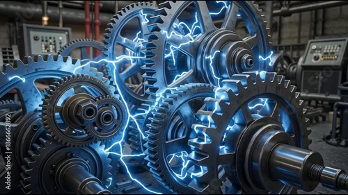 Electricity Flowing Through Interconnected Gears in Factory.