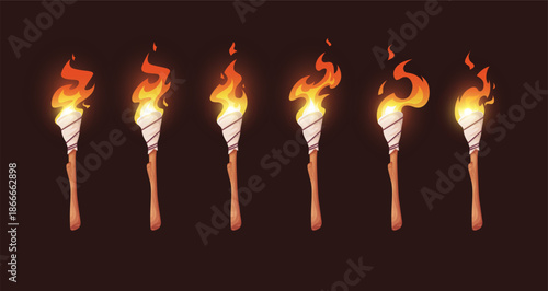 Torch animation sprite sheet. Burning fire sequence for 2d games, set of looping flame effects for cartoon video projects. Hand made primitive survival torchlight. Vector illustration on a black backg