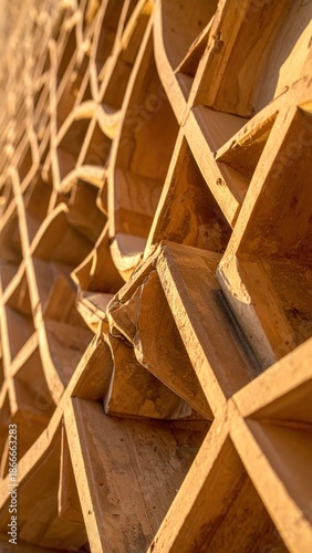Close Up Of Intricate Terracotta Geometric Pattern With Sunlight And Shadow Detail