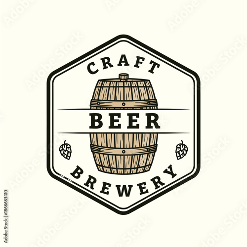 Rustic Emblem Design for Craft Beer Brewery Featuring a Wooden Barrel and Hops