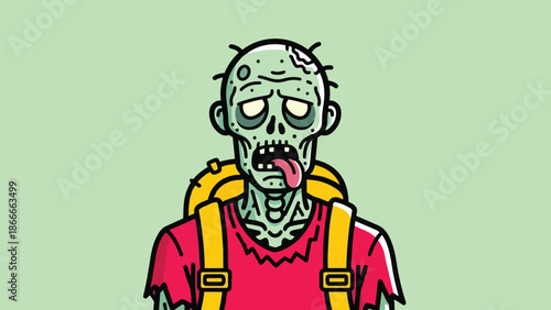 Cartoon Zombie Hiker with Backpack and Tongue Out.