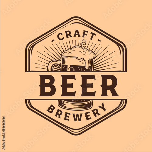 Vintage Craft Beer Brewery Logo Design with Beer Barrel and Foam.