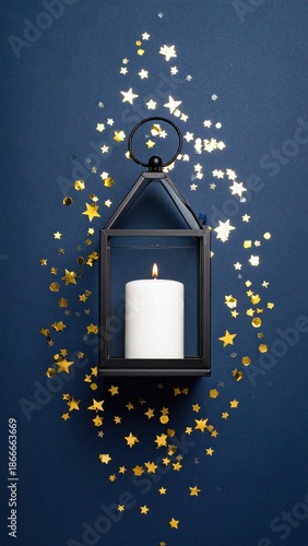 Black Lantern with White Candle Surrounded by Golden Star Confetti on Dark Blue Textured Background Softly Lit