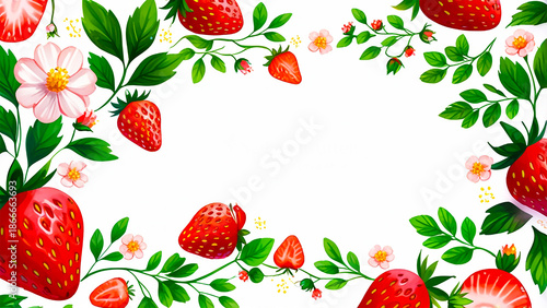 春のフルーツ イラスト 飾り枠 いちごスイーツ コピースペース 背景