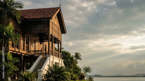 A wide cinematic composition featuring a traditional Malay wooden stilt house in Malaysia.
The house is deliberately placed on the left side of the frame, allowing a large, clean, and dramatic negativ