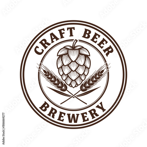 Vintage craft beer brewery logo with hop cone and wheat stalks in a circular design, representing traditional brewing.