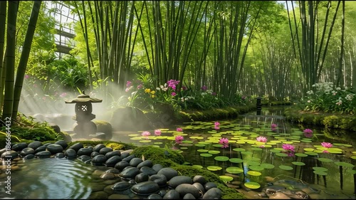 Serene Bamboo Forest with Water Feature.