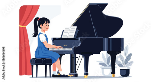 Young female student in a blue uniform playing a black grand piano.