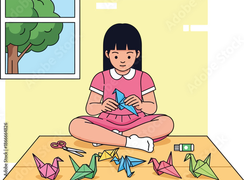 A young Asian girl sits on the floor making colorful origami paper cranes.
