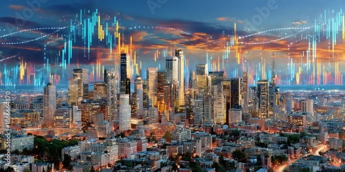 Digital Cityscape: An awe-inspiring perspective of a modern metropolis pulsates with the rhythm of global finance.