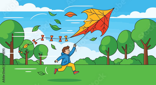 A young boy joyfully runs across a green field while flying a large kite.
