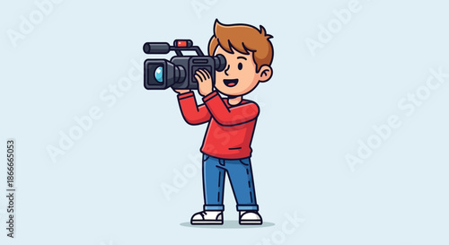 Cartoon boy character holding a professional video camera.
