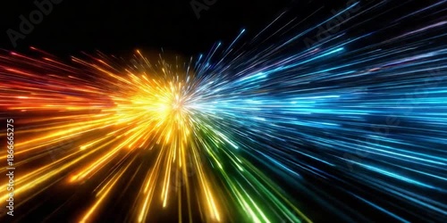 Chromatic Explosion: A mesmerizing visual symphony of radiant light, exploding outward in vibrant hues of gold, green, and blue, against the deep contrast of dark space.