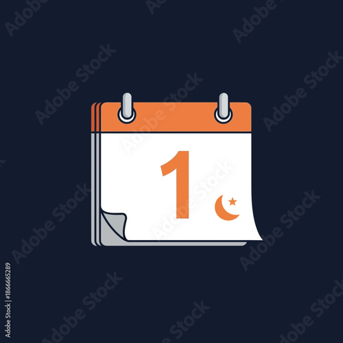 Calendar page with number 1 and crescent moon icon, illustration on dark background