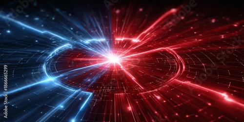 Abstract Data Fusion: A dynamic composition where blue and red energy converge at the center, symbolizing the dynamic interplay and synergy of abstract data.