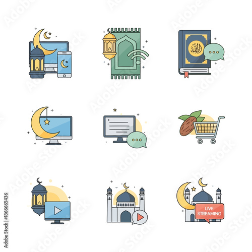 Ramadan Icons: Mosque, Quran, Prayer Rug, Lantern, Crescent Moon, Computer, Shopping Cart