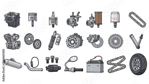  Mechanical and Automotive Parts Icon Set with Gears, Bolts, and Batteries
