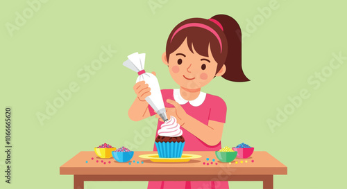 Cute cartoon girl happily decorating a cupcake with white frosting.