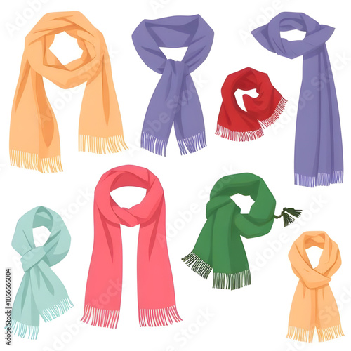 scarves, shawls, colored, cartoon, set, fashion, clothing, accessory, fabric, textile, cozy, warm, winter, autumn, stylish, elegant, trendy, wrap, neckwear, soft, cute, playful, kids, illustration, dr