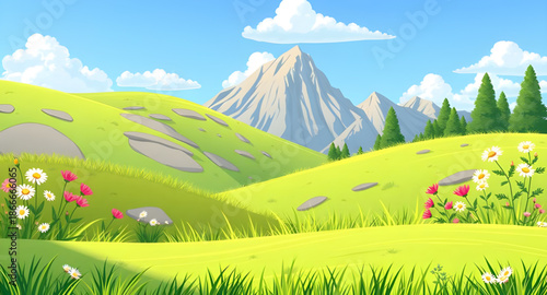 mountains, mountain, landscape, grass, green, meadow, pasture, field, rolling, hills, valley, blue, sky, cloud, clouds, horizon, nature, outdoor, scenery, scenic, peaceful, calm, serene, fresh, clean,