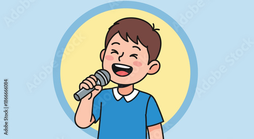Joyful cartoon boy singing happily into a microphone.