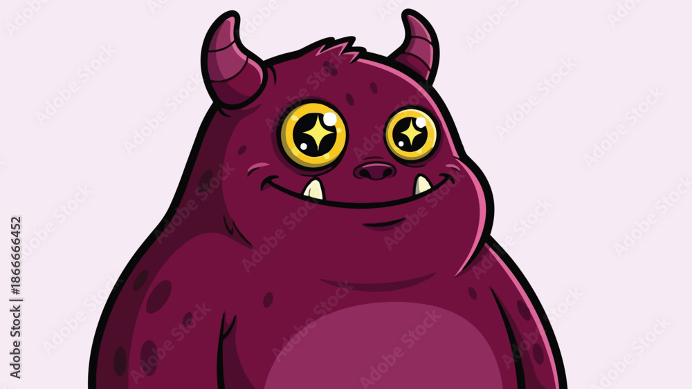 Naklejka premium Adorable Purple Monster with Starry Eyes and Tiny Horns Illustration.